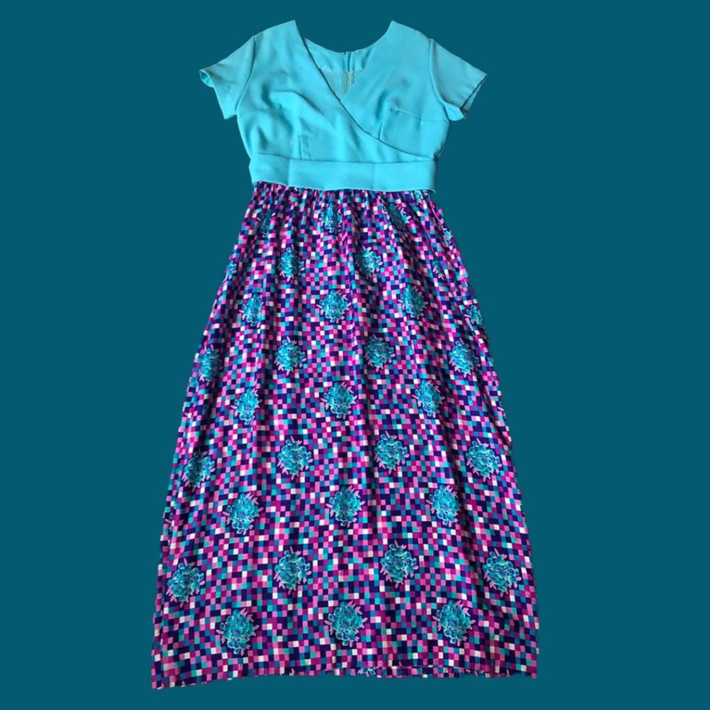 Vintage 70s Geometric Technicolor Print Maxi Dress